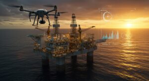 Drone monitoring offshore oil rig at sunset